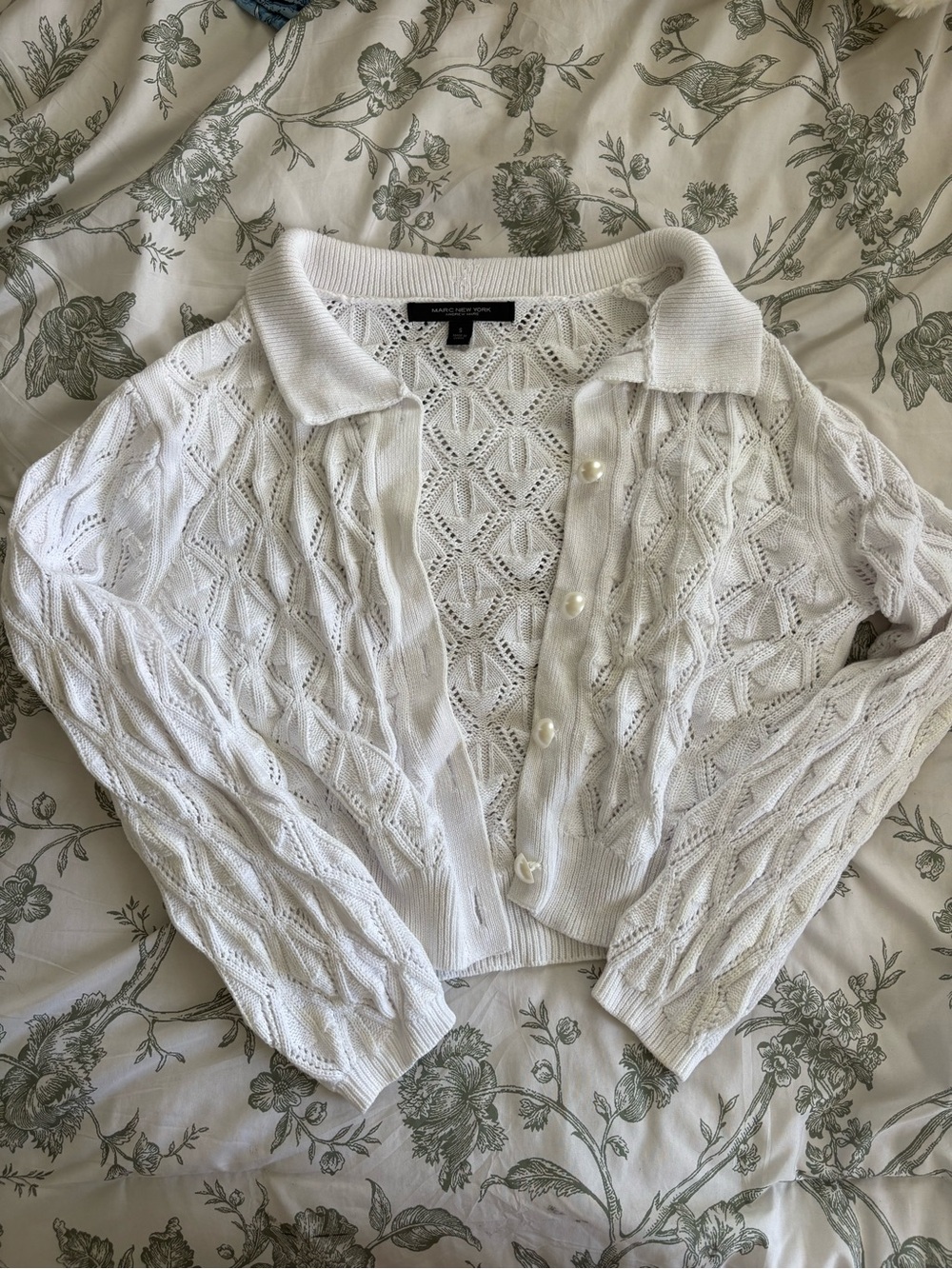 White Knit Collared Cardigan with Pearl Buttons